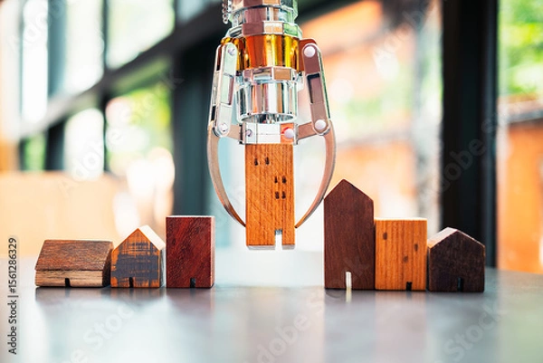 Fototapeta A robot lifting a house model, among others on a table, illustrates AI-powered real estate selection for optimized profit and minimized risk.
