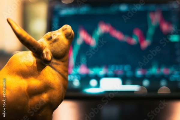 Fototapeta Golden bull in front of tablet opening rising stock market. Concept of bullish stock market with bull as symbol.