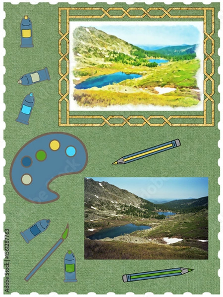 Fototapeta Composition of photograph, watercolors from it and art set for drawing: palette, brushes, pencils and tube of paint. Element of scrapbooking. Watercolor in frame. Mountain alpine landscape. Spring.