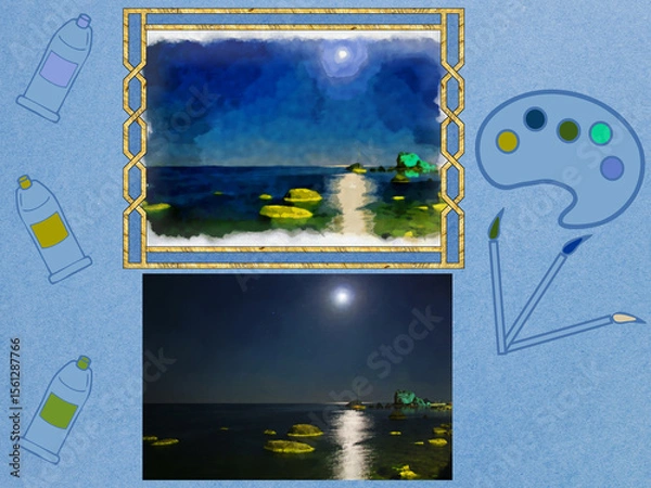 Fototapeta Sea night landscape. Moon, coast. Composition of photograph, watercolors from it and art set for drawing: palette, brushes, pencils and tube of paint. Element of scrapbooking. Watercolor in frame.