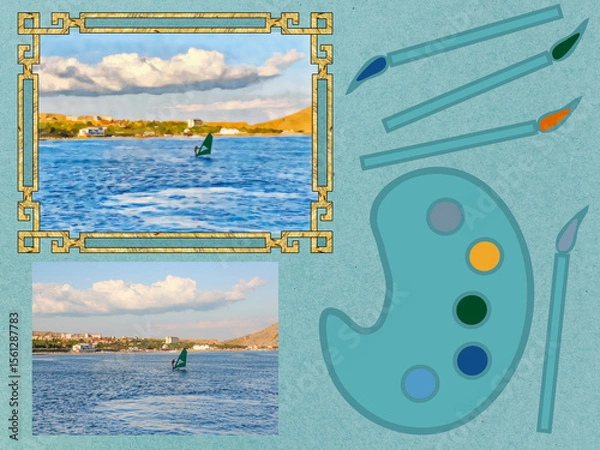Fototapeta Composition of photograph, watercolors from it and art set for drawing: palette, brushes, pencils and tube of paint. Element of scrapbooking. Watercolor in frame. Coast, sea. Surfing under sail.