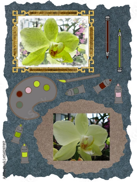 Fototapeta Composition of photograph, watercolors from it and art set for drawing: palette, brushes, pencils and tube of paint. Element of scrapbooking. Watercolor in frame. Yellow orchid.