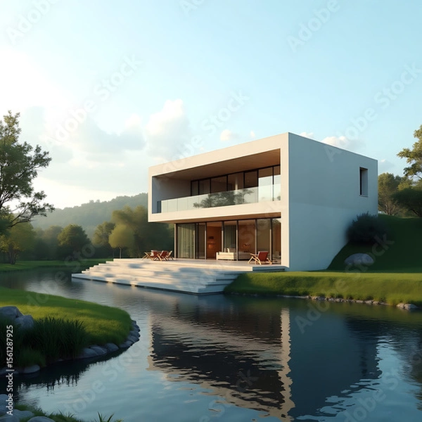 Fototapeta Sleek Modern Minimalist House Design on Waterfront Property