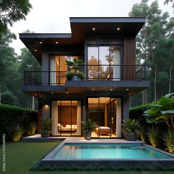 Fototapeta Modern Minimalist Two-Story House Design with Private Pool