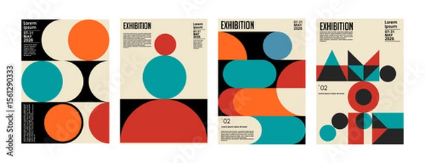 Obraz Art exhibition posters with abstract painting design. Vector vertical banners, invitation flyers to museum or gallery with trendy creative background with colorful patern blobs and drawn shapes.