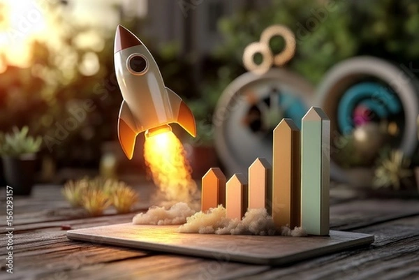 Fototapeta Rocket launching with financial growth chart representing business success, showcasing upward trends and strategic investments for positive outcomes.