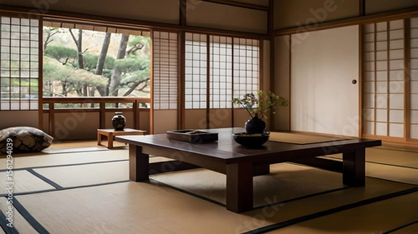 Fototapeta Traditional Japanese Zen Room Interior with Garden View