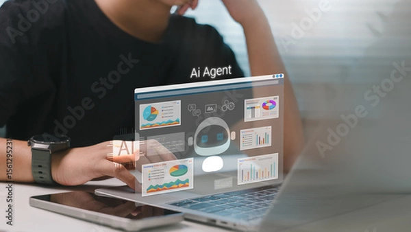 Obraz Person analyzing data on laptop with AI agent dashboard hologram, featuring charts, graphs, and coding elements representing artificial intelligence in data-driven decision making.
