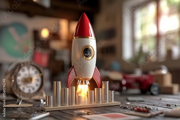Fototapeta Toy rocket ship takes off in a workshop scene, embodying dreams of flight, exploration and the excitement of vintage space travel.