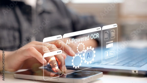 Obraz Person using AI-powered OCR technology on smartphone and laptop with virtual interface, representing intelligent document scanning, text recognition, and automation processing tools.