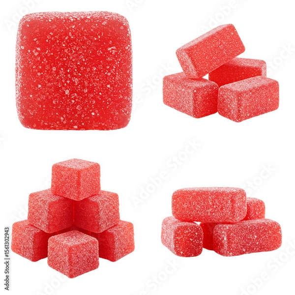 Obraz Red gummy candy arranged in various stacks on transparent background  
