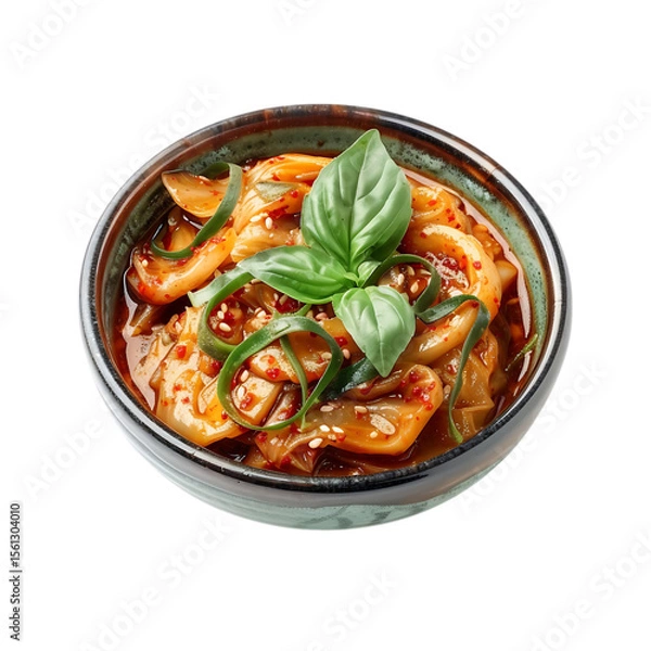 Fototapeta Delicious korean kimchi dish with fresh basil and cucumber garnish in a rustic bowl isolated on transparent background