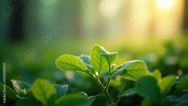 Obraz Wide-angle macro shot of soft morning dew on fresh green leaves, with gentle sun rays filtering through a misty forest background. Bokeh light circles, high depth of field, peaceful and calm mood, min