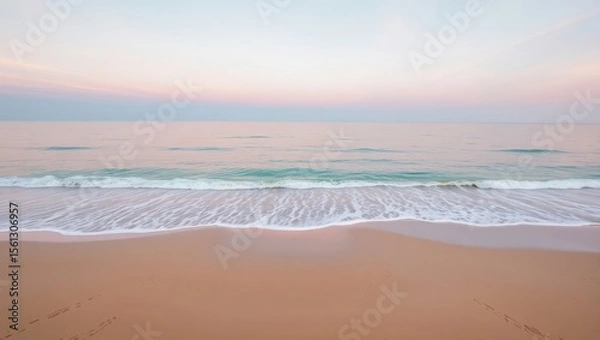 Obraz Wide aerial shot of a calm beach at golden hour, soft ocean waves gently brushing over smooth sand, light pink and orange hues in the sky. No people, minimal composition, ultra-high resolution, perfec