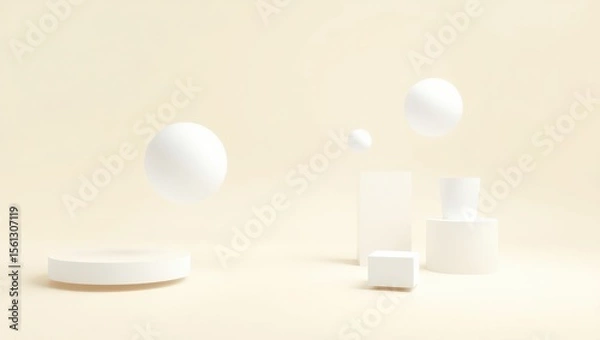 Obraz Abstract minimalist wallpaper with 3D floating geometric shapes (spheres, cubes, cylinders) in matte white and soft shadows on pastel background. Clean, elegant, versatile for tech or presentation use