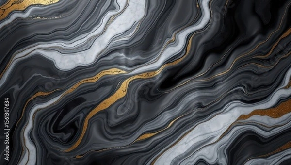 Obraz High-resolution abstract 3D wallpaper with swirling marble textures in tones of black, white, and gold. Deep shadows, fluid motion feel, elegant lighting, perfect for luxury branding or device backgro