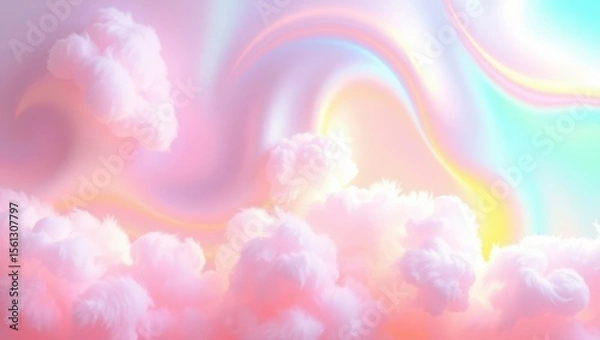 Obraz Vibrant fantasy wallpaper featuring fluid rainbow-like gradients flowing through abstract clouds, soft sparkles, dreamy lighting. Whimsical and joyful, suitable for creative spaces or kids’ themes.