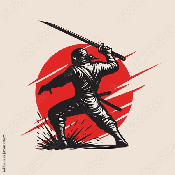 Fototapeta Warrior in Action with Sword background red moon