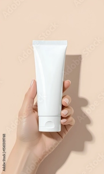Fototapeta Woman's hand holds a white cosmetic tube. This is a blank product mockup for skincare or beauty branding, presented against a clean beige background with a sharp shadow for a modern, minima
