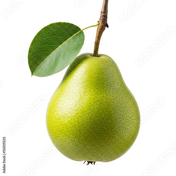 Fototapeta A vibrant green pear with a stem and a single leaf, showcasing its fresh and natural appearance. Ideal for food, health, or market related designs.