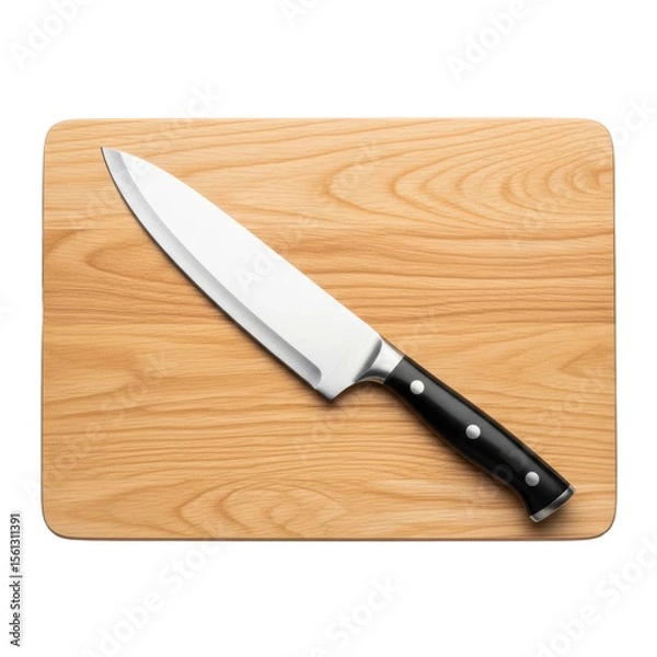 Fototapeta A sharp chef knife with a black handle rests diagonally on a natural wooden cutting board, ready for food preparation in any kitchen setting.