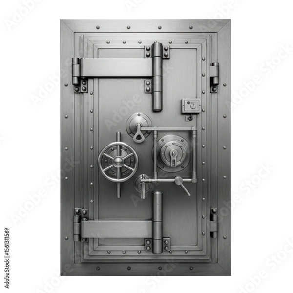 Fototapeta A robust metal vault door featuring a large turning wheel, multiple levers, and heavy duty hinges, symbolizing security and protection.