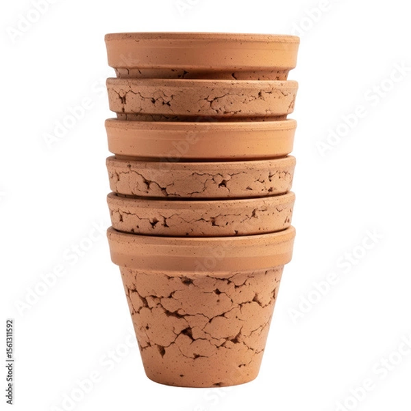 Fototapeta A vertical stack of five rustic terracotta clay flower pots, ideal for gardening, planting, and home decoration, showcasing natural texture.