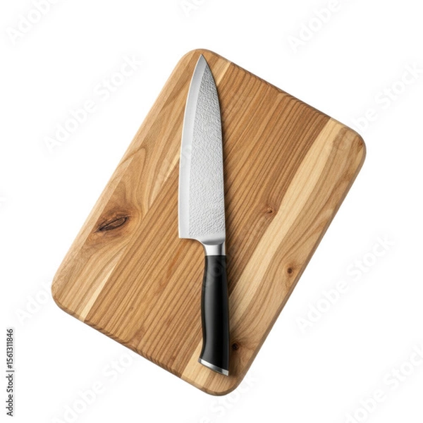 Fototapeta A sharp chef knife with a distinctive textured blade and black handle lies diagonally on a natural wood cutting board, ready for kitchen tasks.