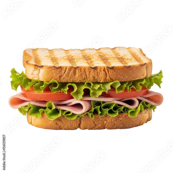 Fototapeta A fresh and appetizing toasted sandwich filled with savory ham, crisp lettuce, and juicy tomato slices, perfect for a quick meal or snack.