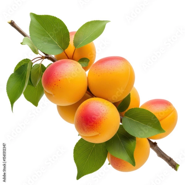 Fototapeta A cluster of fresh, ripe apricots with green leaves on a branch, showcasing their vibrant orange and red hues.