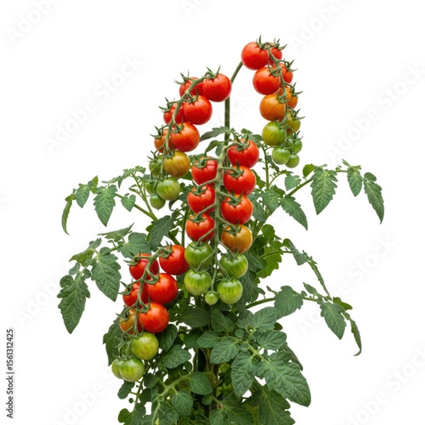 Fototapeta A healthy cherry tomato plant showcasing multiple clusters of red, ripe tomatoes and green, unripe ones still on the vine. Ideal for gardening, food, or healthy eating themes.