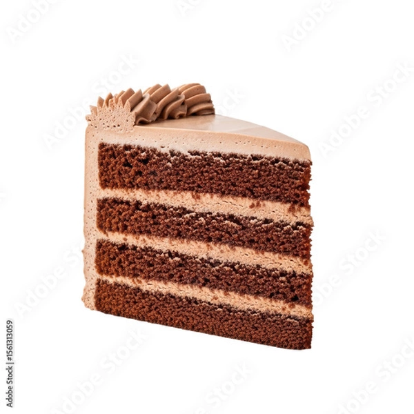 Fototapeta A rich slice of chocolate layer cake with creamy light brown frosting between each delicious layer and a decorative swirl on top, perfect for dessert concepts.