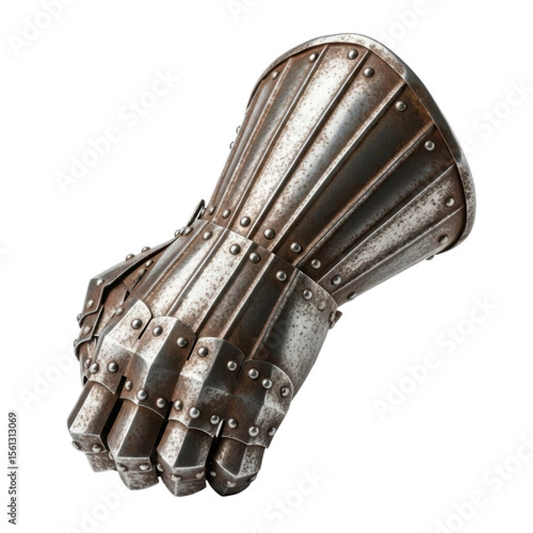 Fototapeta A detailed view of an antique medieval knight gauntlet, crafted from metal plates, forming a clenched fist. Ideal for historical, fantasy, or gaming themes.