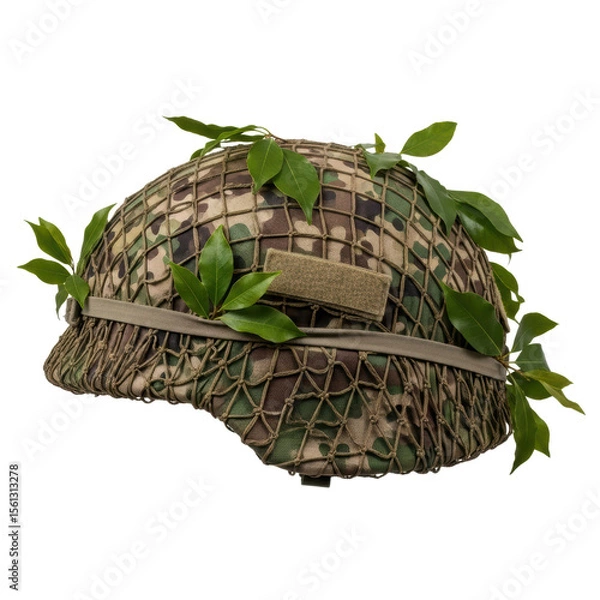 Fototapeta A military camouflage helmet with a netting cover and green leaves, designed for tactical concealment. Ideal for themes of defense, army, and combat.