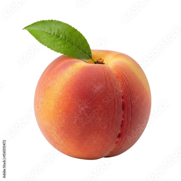 Fototapeta A single fresh ripe peach with a green leaf, showcasing its vibrant colors and fuzzy skin, ideal for healthy food concepts.