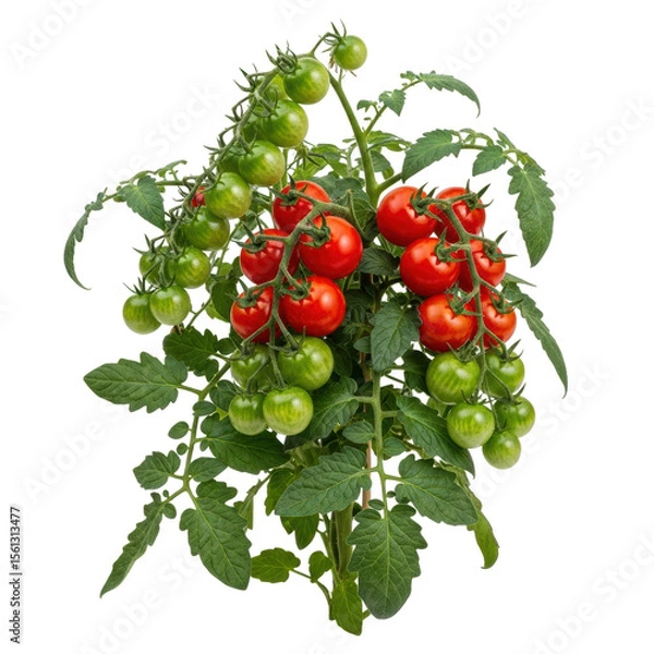 Fototapeta A lush cherry tomato plant showcases both ripe red and developing green tomatoes on its vines, ready for harvest or garden display.
