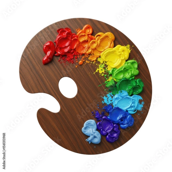 Fototapeta A classic wooden artist palette holds a vibrant array of paint colors, from red to blue, arranged in a beautiful rainbow spectrum, perfect for creative projects.
