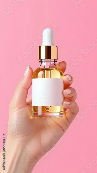 Fototapeta A woman's hand holds a glass dropper bottle with golden serum. This product mockup, featuring a blank white label for cosmetic branding, is elegantly presented against a vibran