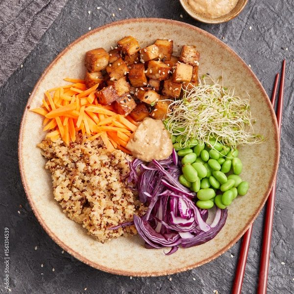 Fototapeta Quinoa edamame tofu bowl with red cabbage and carrots
