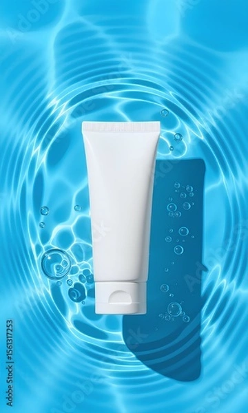 Fototapeta White cosmetic tube mockup on a vibrant blue water surface. Concentric ripples, bubbles, and caustic light reflections create a refreshing, hydrating concept for skincare or sunscreen adv