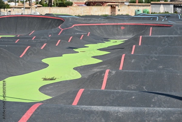 Obraz pump track trasa dla dzieci na deskorolkach i hulajnogach zabawa kółko chłopiec jedzie