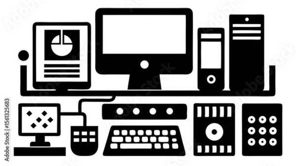 Fototapeta Collection of stylized black and white computer hardware and peripherals arranged on a shelf and desk