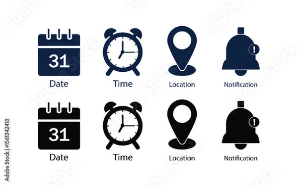 Fototapeta Minimal Date Time Location Icons – Flat Vector Set of Calendar, Clock, Map Marker and Bell Notification Symbols.
