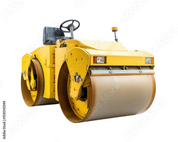 Obraz Yellow road roller construction vehicle with large metal drum, isolated on transparency background, used for flattening surfaces in roadwork and building projects, industrial equipment