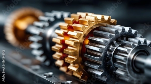 Fototapeta Metallic gears interlock creating motion within complex machinery in detailed macro view industrial setting showing mechanical precision