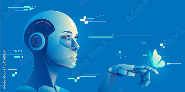 Fototapeta concept of machine learning or deep learning, character design of sexy artificial intelligence playing with butterfly presented with cyberpunk style