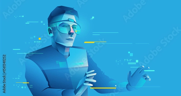 Fototapeta concept of virtual reality or augmented reality, character design of tech user wearing smart glasses working in cyberspace presented with cyberpunk style