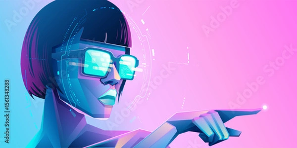 Fototapeta concept of virtual reality or augmented reality, character design of sexy tech user wearing smart glasses working in cyberspace presented with cyberpunk style