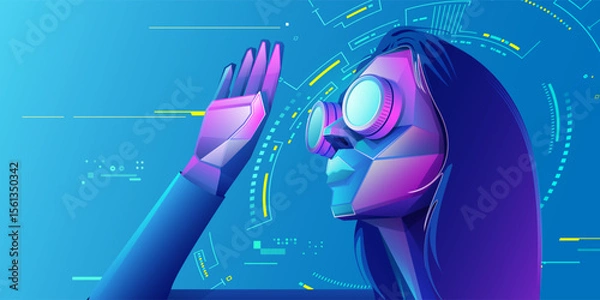 Fototapeta concept of virtual reality or augmented reality, character design of tech girl with smart glasses working in cyberspace presented with cyberpunk style