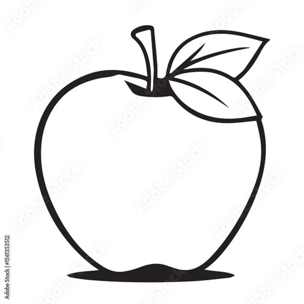 Fototapeta Simple black and white outline drawing of a ripe apple with two leaves and a stem on a white background